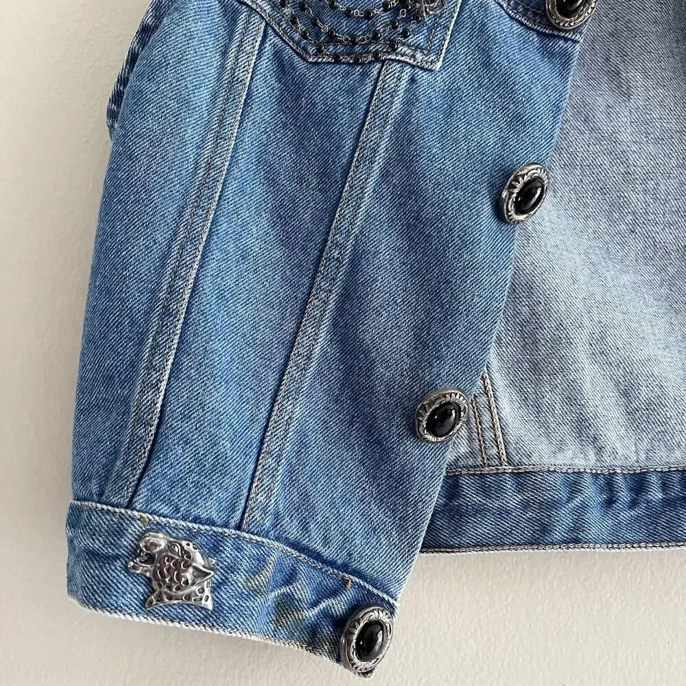 Vintage Sleeveless Jean Jacket Size L Vest Animals Pins Blue Denim 80s Music